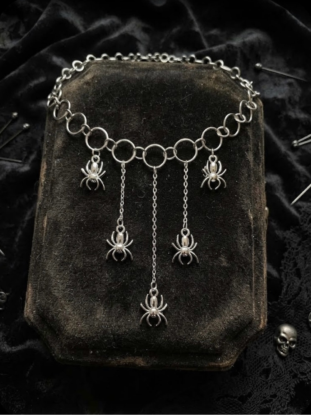Hand Crafted Spider Charm Choker Necklace - Picture 3 of 5